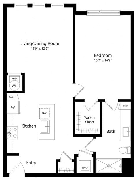 Floor plan for 1 bed, 1 bath, 815 sqft